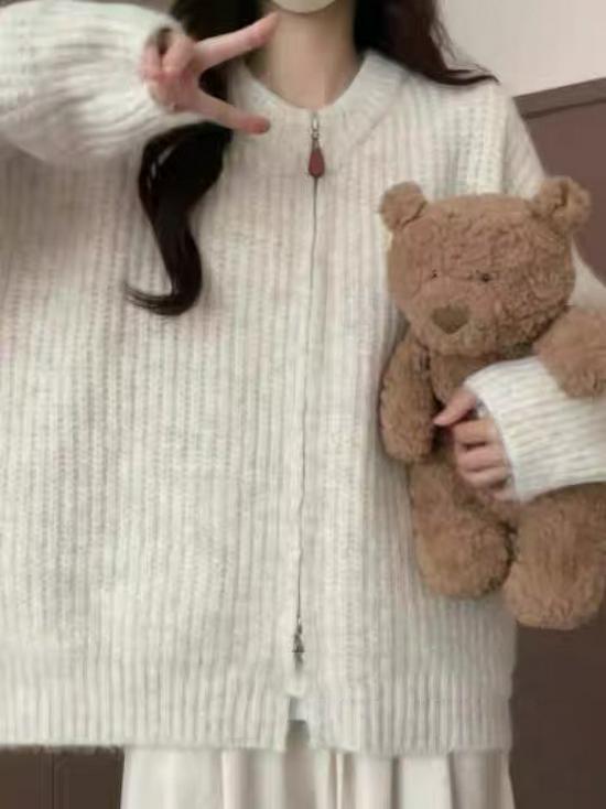 Petite Women's Korean Style Zip-Up Knit Sweater Coat - Autumn/Winter Loose Solid Color Cardigan