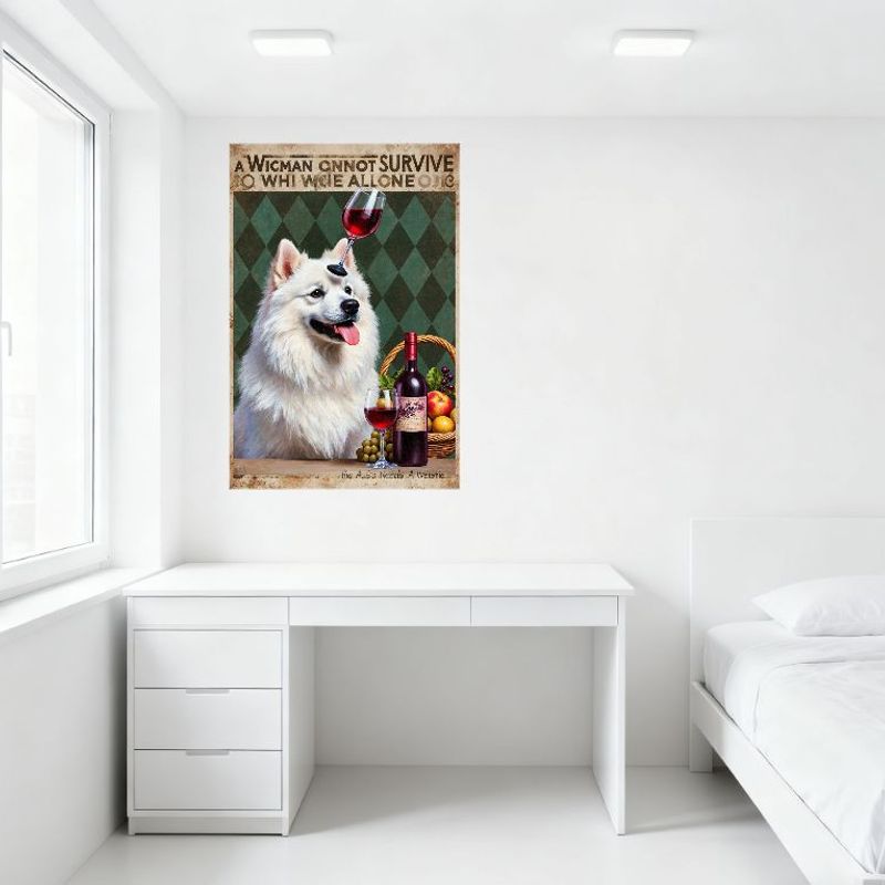 Vintage Style Samoyed Dog Wine Glass Nose Humorous Tin Sign Green Black Diamond Background for Home Bar Man Cave Cafe Decor