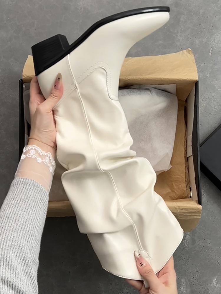 Winter Cosy Soft Leather Pleated Women Western Cowboy Boots Fashion Thick Heels Party Shoes British Style Long Booties Shoes