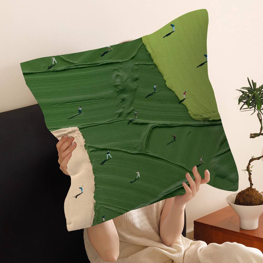 Vintage Green Tiny Golfers Art Pillow Cover Sofa Cushion Cover Home Room Decoration Children Gift