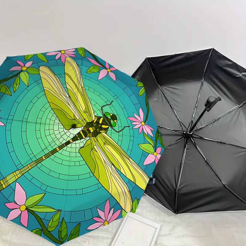 Automatischer faltbarer Regenschirm mit 8-Speichen-Eisenrahmen und Design einer gefleckten Libelle, perfekt für den Außenbereich, festliche Geschenke, Reisen, täglichen Gebrauch.