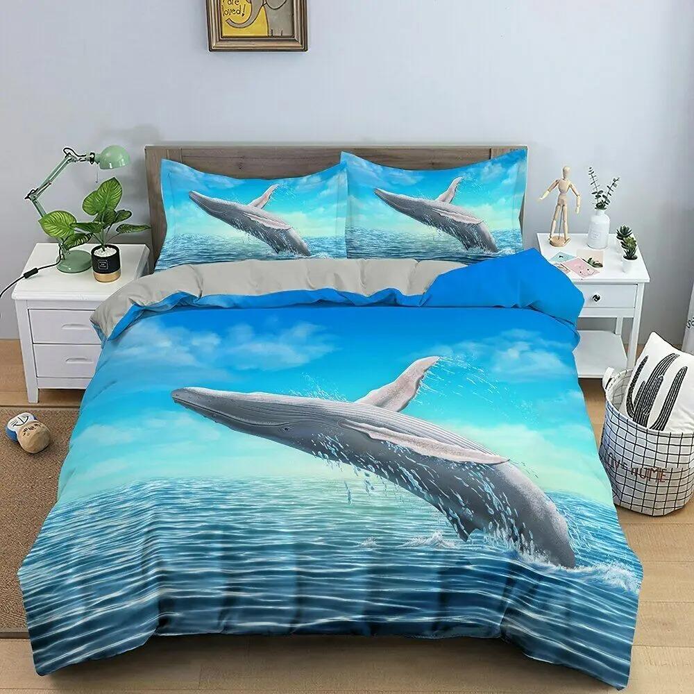 Delfin Sängkläder Set 3D Djur Delfiner I Blått Hav Mjukt Polyester Påslakan Set Enkelt Dubbelt Twin King Size Tonåringar Vuxna Hem