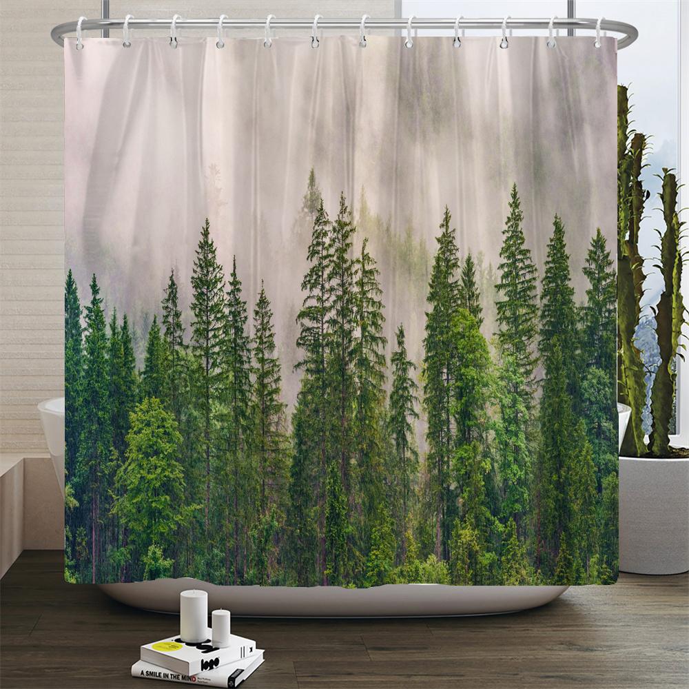 Natural Scenery Shower Curtain Set Forest Waterfall Spring Landscape Home Bathtub Decor Waterproof Polyester Bathroom Curtains