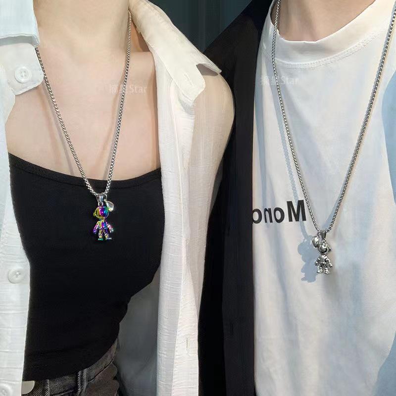 Astronaut Couple Magnetic Necklace Set - Colorful Alloy Pendant with Niche Design