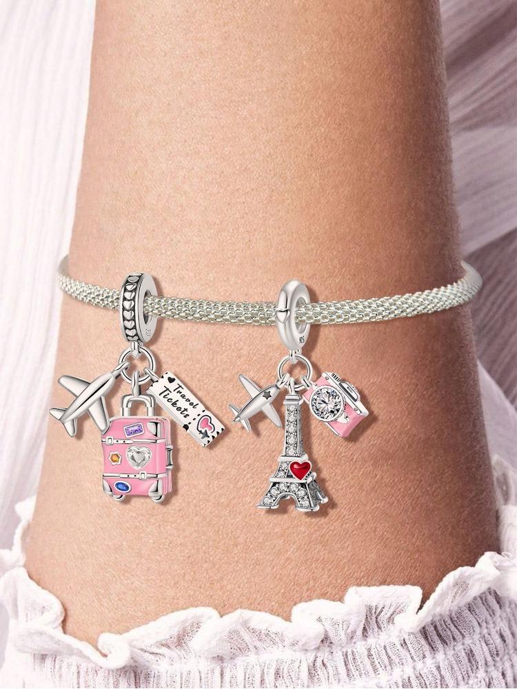 Copper Pink Flower Travelling Mum Sisters Tower Camera Charm Pendant For Bracelets Diy Women'S High Quality Jewelry