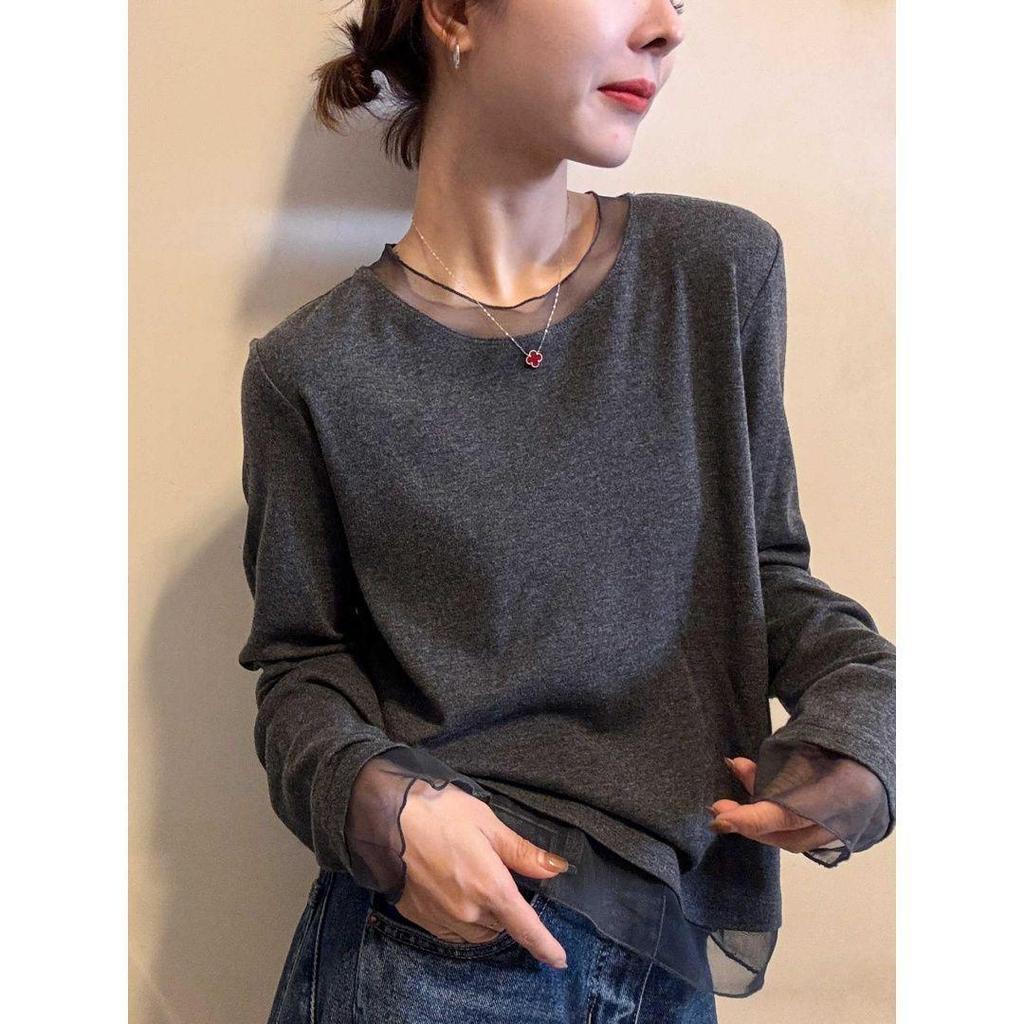 Plus Size Velvet Korean Style Long Sleeve Slimming Top for Women - Autumn/Winter Loose Mesh Patchwork Warm Top