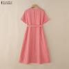 ZANZEA Women Casual V-Neck Summer Short Sleeve Plaid Print Dress