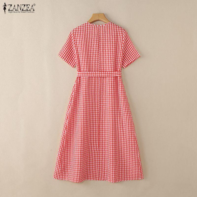 ZANZEA Women Casual V-Neck Summer Short Sleeve Plaid Print Dress