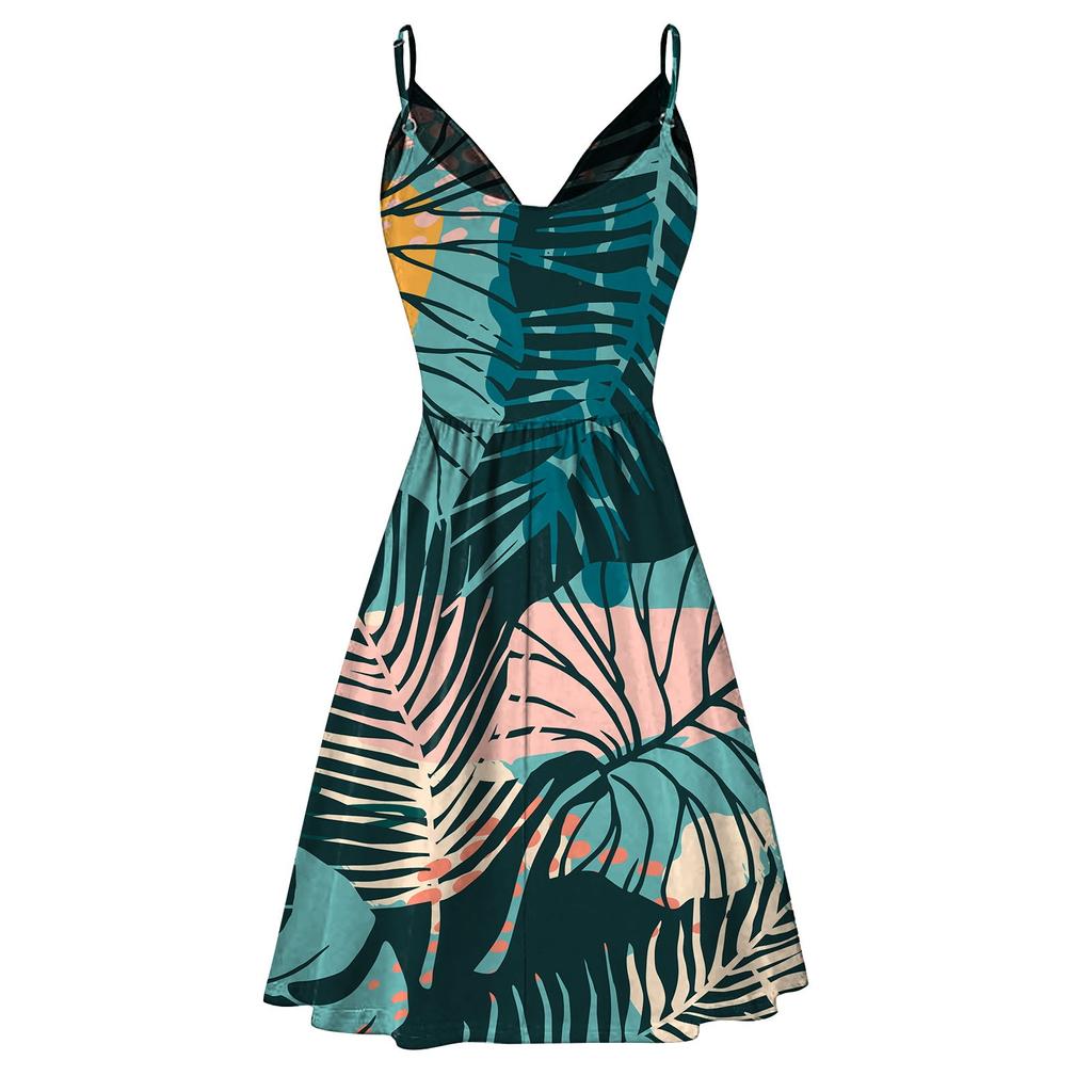 Ladies Slim Printed  Buckle Shoulder Strap Ruffled Sling Dress