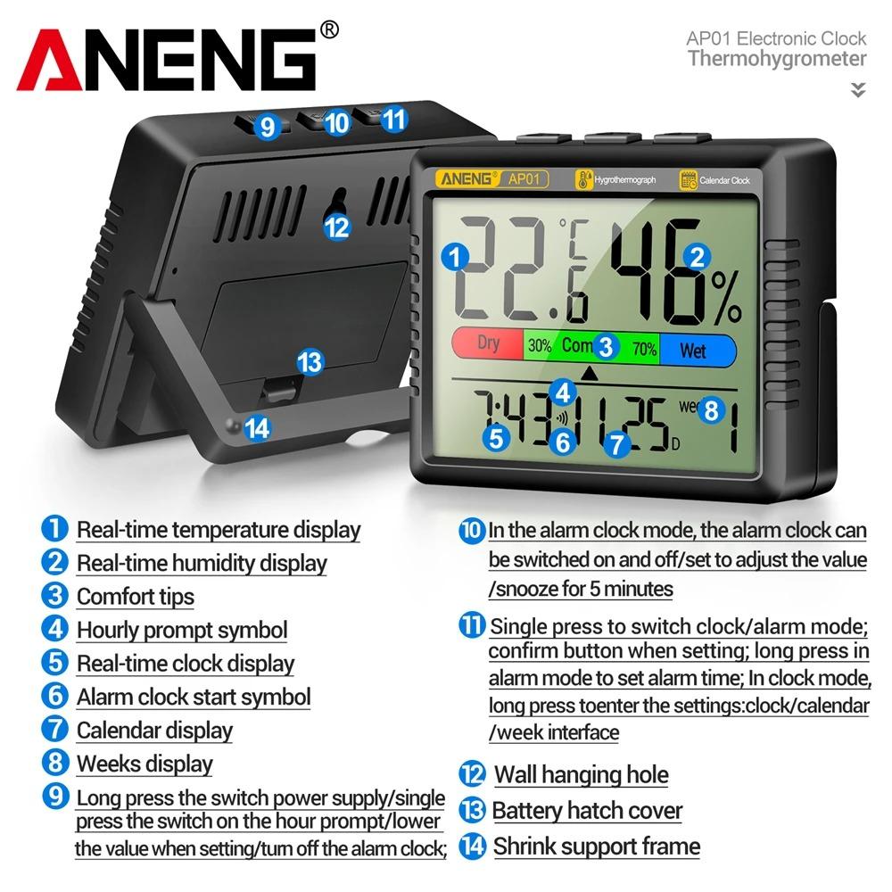 ANENG AP01 Digitale Luchtthermometer Hygrometer Bureau Wekker Mini Tafel Thermohygrometer Met High Definition Scherm