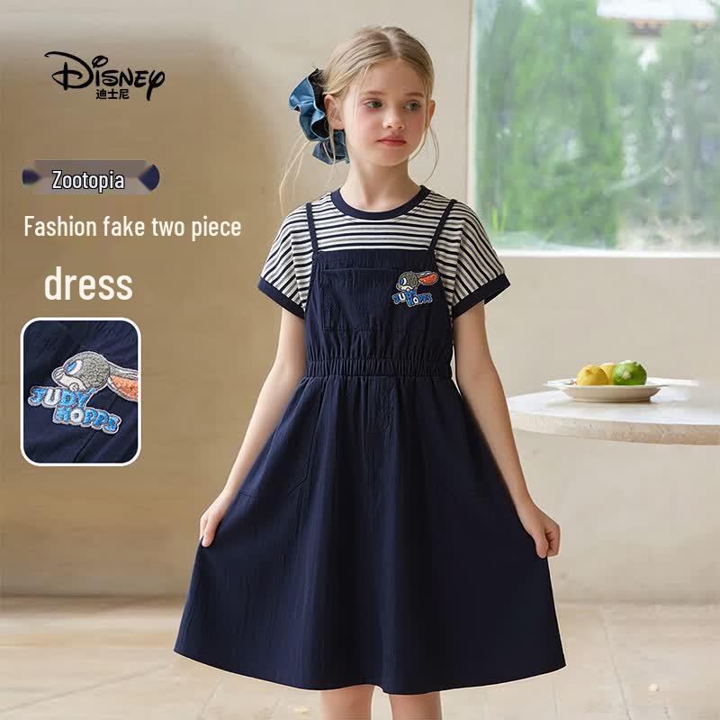 Disney Girls Judy Hopps Faux Two-Piece Striped Denim Dress 160