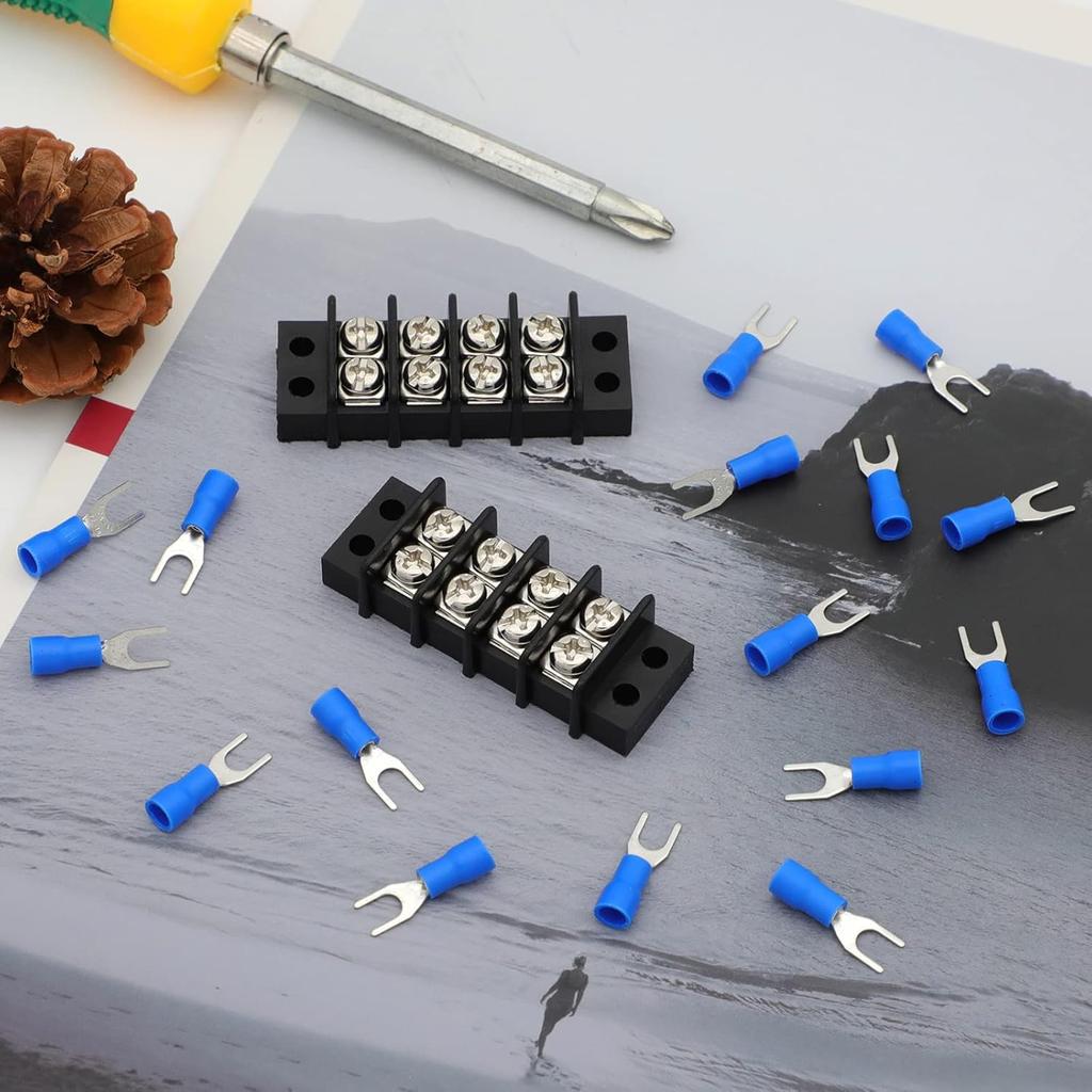 Terminal Block,2 Pack 4 Circuits 20-30A 200v-450v Dual Row Screw Terminals Strip +16 PCS Heat Shrink Wire Connectors