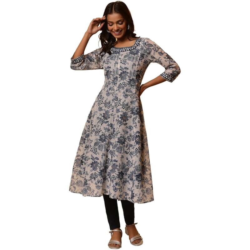 Blue Floral Printed Anarkali Kurta with Embroidered Neck (Size: M)-24FEA14850-508224