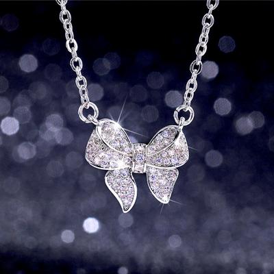 Collana con pendente a forma di fiocco di nuova moda da donna, colore argento con zirconi abbaglianti, regali per feste di gioielli femminili versatili ed eleganti
