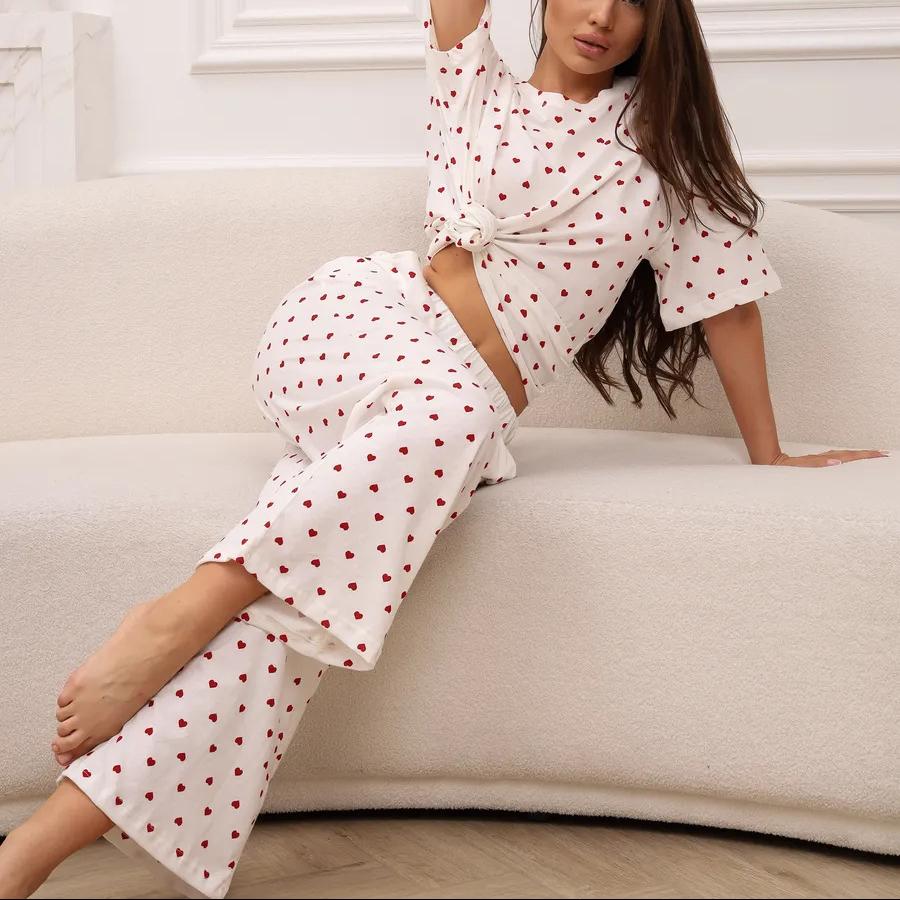 Spring Summer Pajamas Set for Women White Heart Print Short Sleeve Tops and Long Pants Sleepwear Casual Loose Soft Pyjamas Homewear
