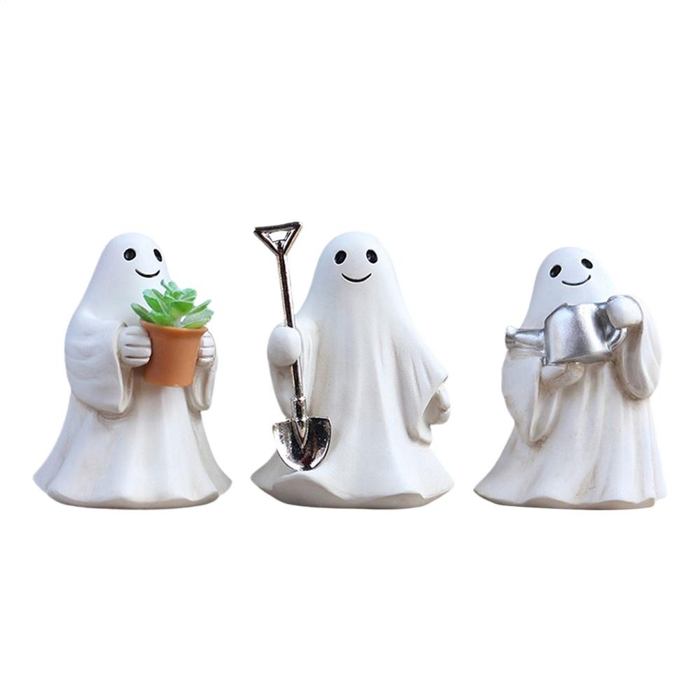 

2025 Cute Halloween Ghost Statue 3Pcs Small Resin White Scary Ghost Figurines Halloween Party Desk Decorations