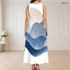 Women Plus Size Sleeveless Round Neck Triple Keyhole Cutout Printed White Navy Blue Long Dress