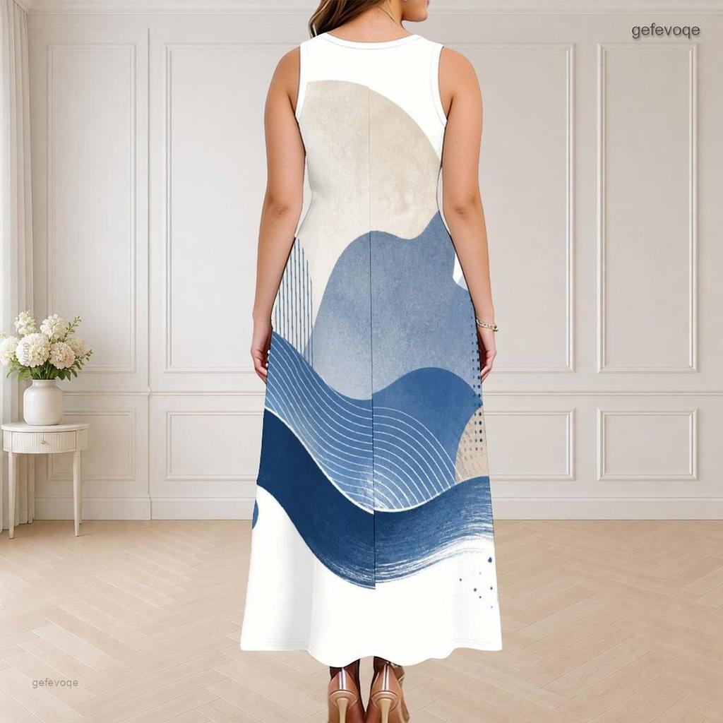 Women Plus Size Sleeveless Round Neck Triple Keyhole Cutout Printed White Navy Blue Long Dress