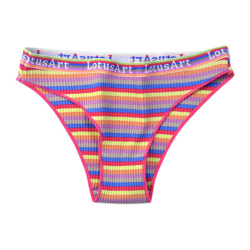Women's Rainbow Striped Low-Rise Pure Cotton Panties - Cute & Breathable with Half Hip Coverage for Teens