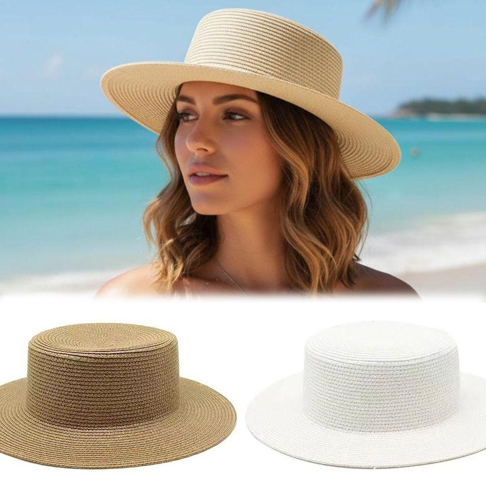 Handwoven Straw Beach Sun Hat Wide Brim Sunscreen Hat Fashionable Panama Cap  Women Summer