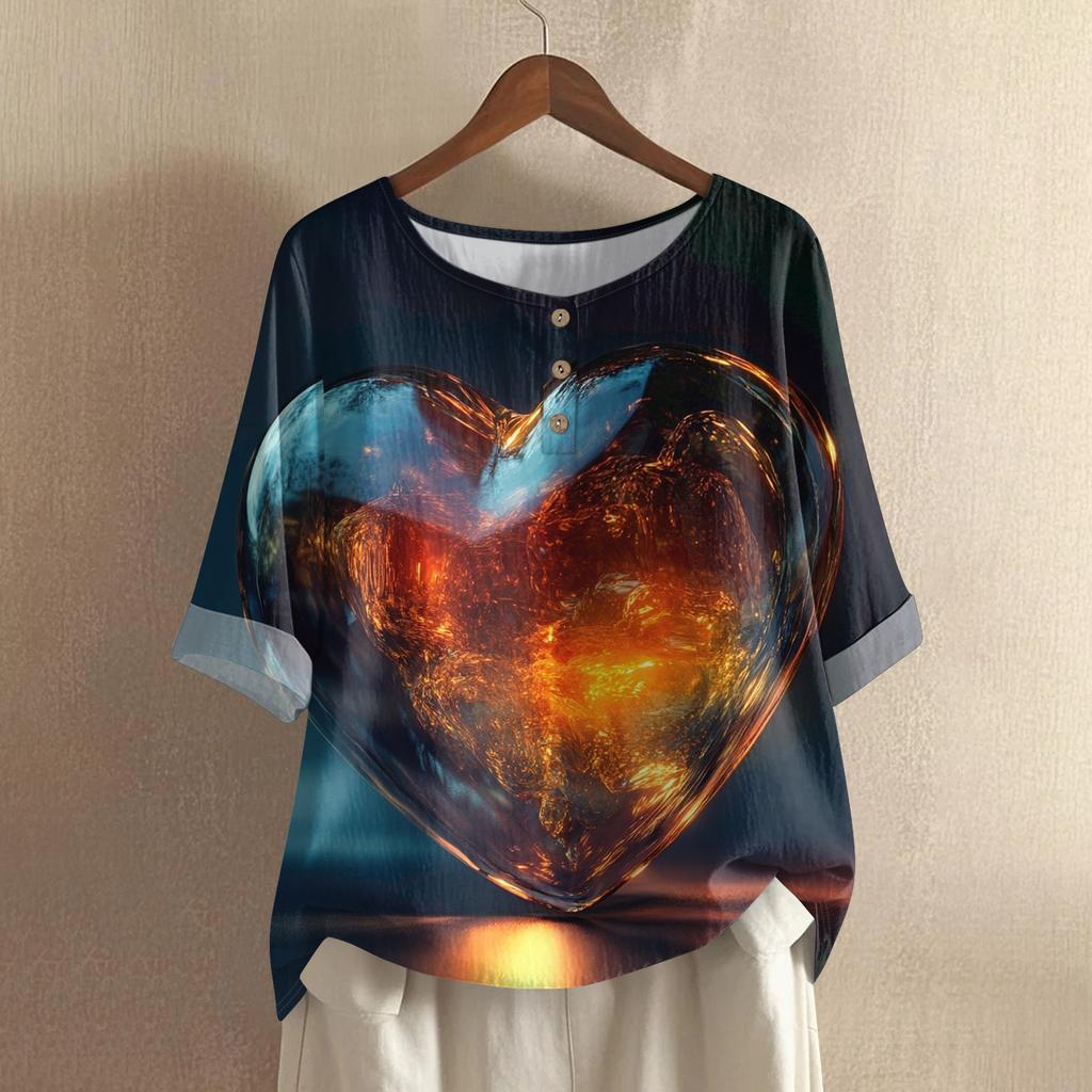 Damska casualowa i wygodna bawełniano-lniana bluzka z okrągłym dekoltem, średniej długości, z modnym nadrukiem