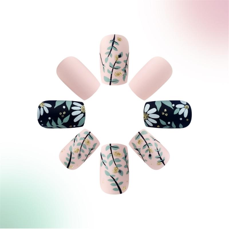 24 Pcs Autumn Winter Press On Nails Square Artificial Nails Glittering Full Cover Stick on Nails Petals False Nails