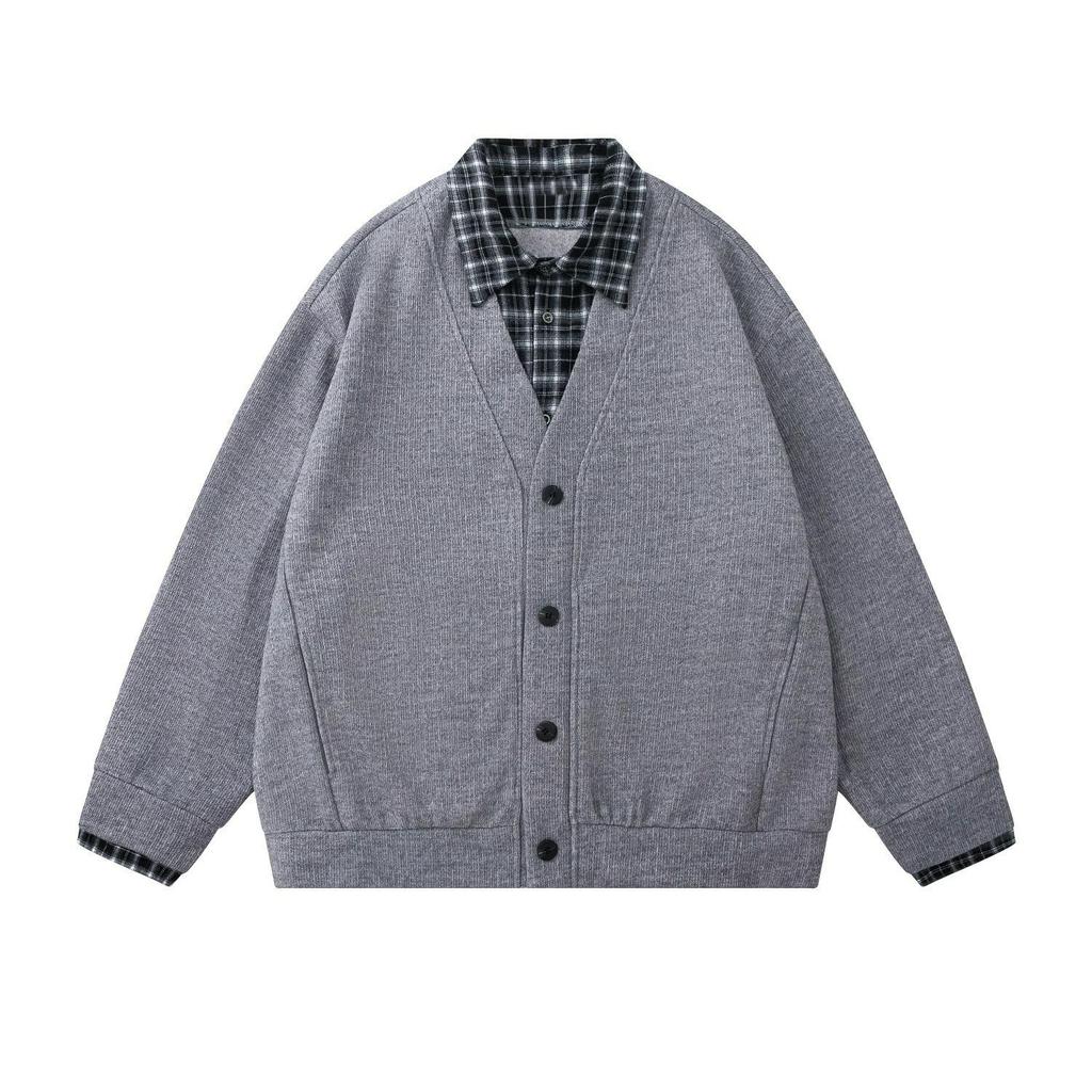 Top-Rated Unisex Korean Patchwork Cardigan: Two-Piece Look, Knit Sweater for Spring & Autumn