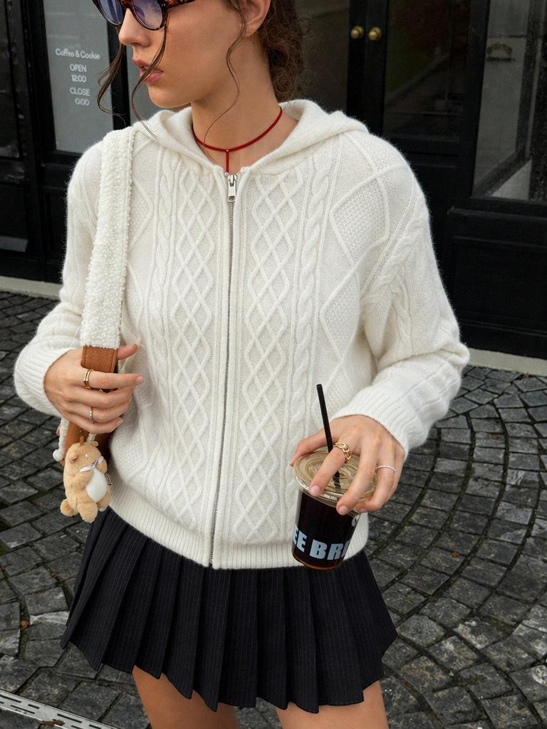 Hooded Twist Knitted Cardigan Zipper Rhombus Twisted Long-sleeved Knitted Jacket Korean Casual Autumn and Winter Women's Clothing