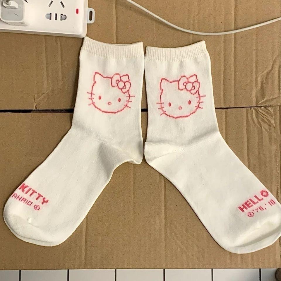 

Hello Kitty Sweetheart Mid-Calf Cotton Socks - Cute School Style Cartoon Women s Socks for All Seasons One Size