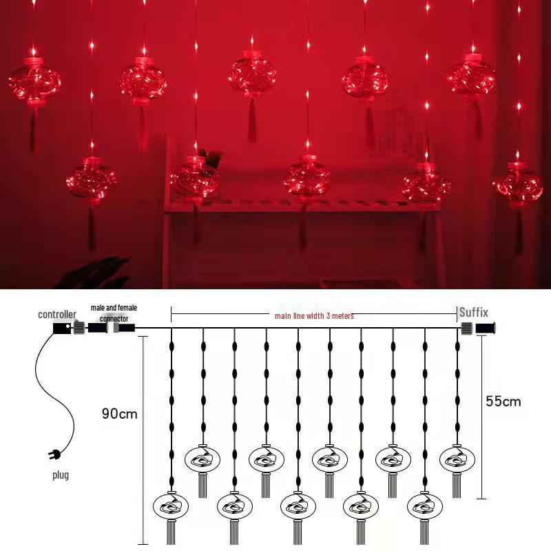In-Stock New Year Red Lantern LED Curtain Lights for Festive Atmosphere and Spring Festival Decoration