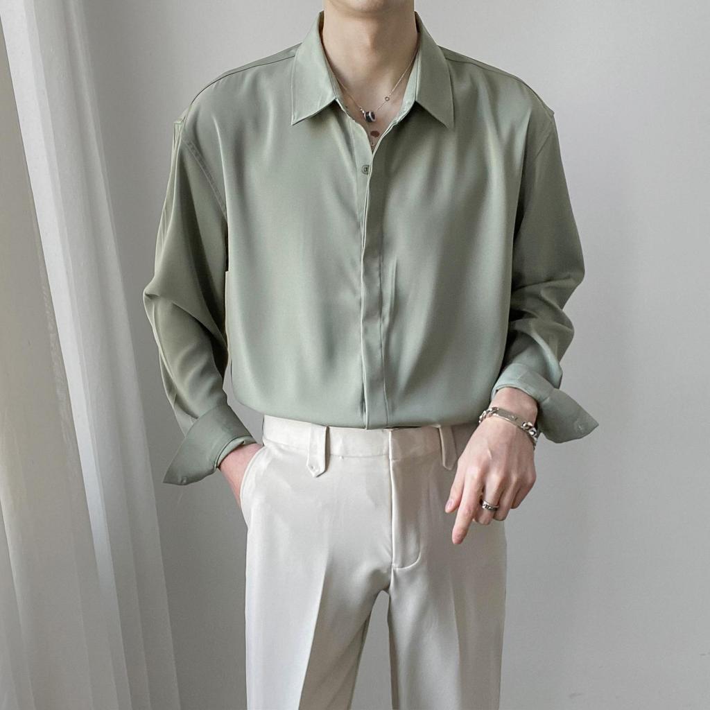 Men's Korean Style Ice Silk Long-Sleeve Summer Shirt - Casual, Loose, High-Drape, Light Mature Look