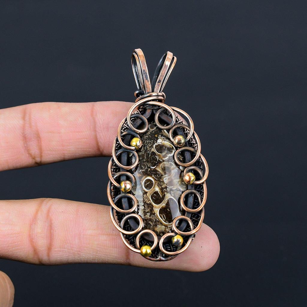 Beautiful Turritella Fossil Gemstone Pure Copper Wire Wrapped Handmade Jewelry Pendant