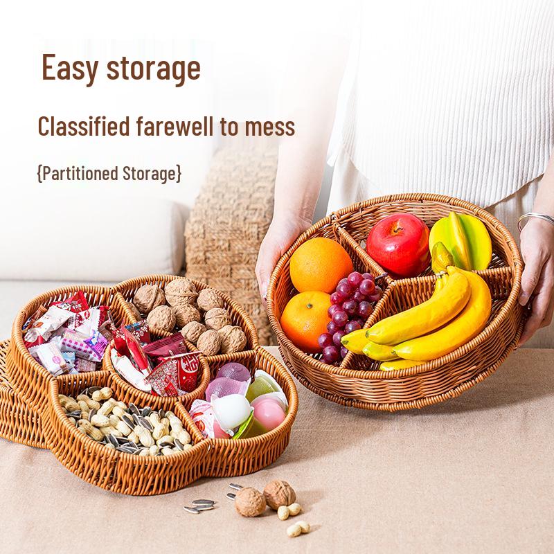 Woven Faux Rattan Snack Plate Storage Basket - Divided for Hot Pot Ingredients and Fruit in Living or Dining Room