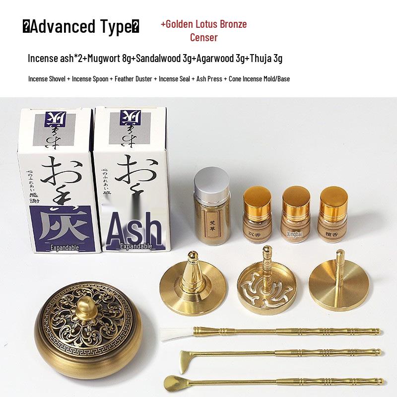 Brass Incense Ceremony Set: Seal Tools, Ash Press, Incense Powder, Burner, Shovel, Spoon, Stamp.