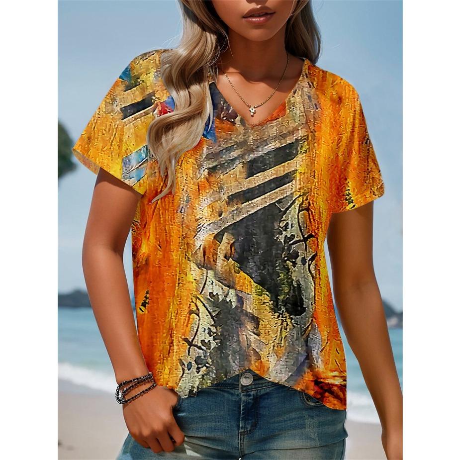 

Художественная футболка с V-образным вырезом и короткими рукавами для женского лета, свободная, оверсайз, с принтом, женский топ XS