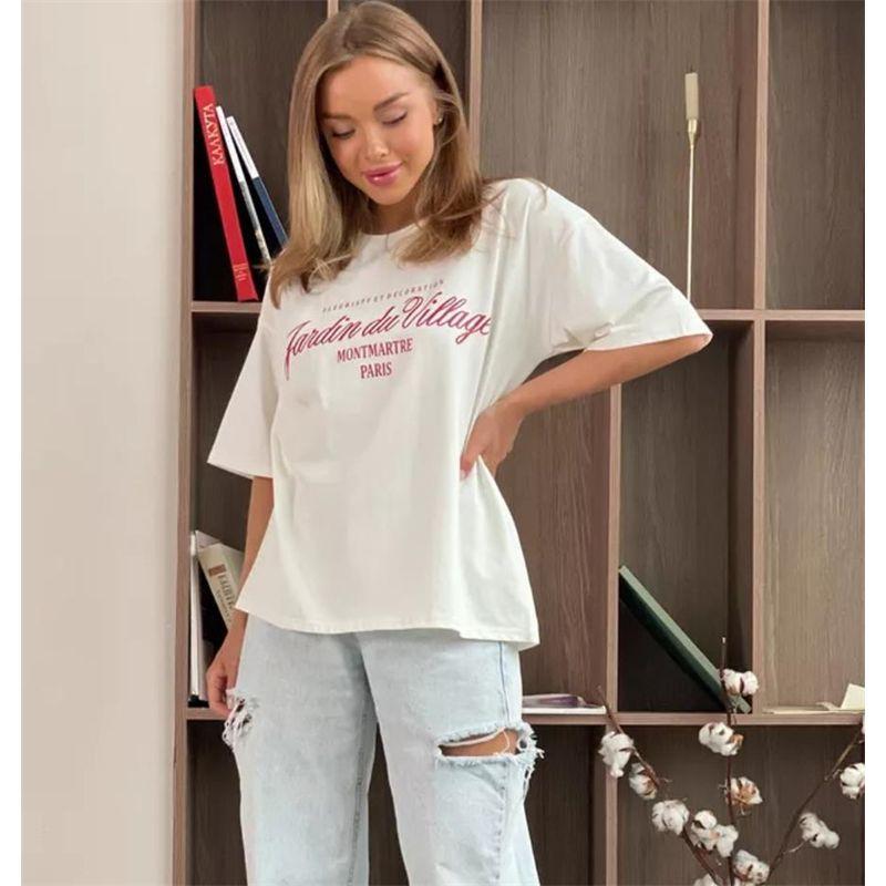 European and American Fashion Letters Print BF Loose Short sleeve Half Sleeve Mid Length T-shirt Women Tee T-shirt Top Women