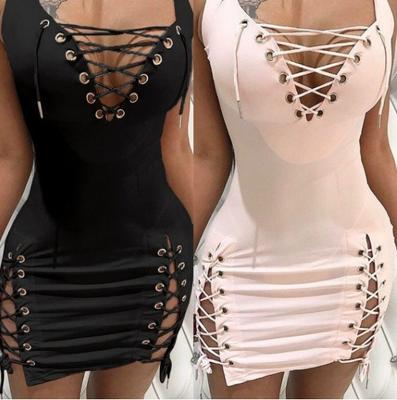 Women's Fashion New Deep V-neck Slim Halter Dress Solid Color Sexy Sleeveless Lace Dress Tight High Waist Package Hip Side Split Mini Dresses