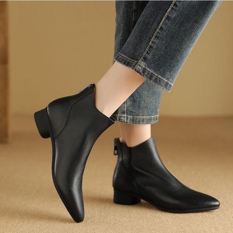 Retro velvet short cotton boots women's new autumn and winter soft leather bare boots pointed low thick heel soft leather single boots