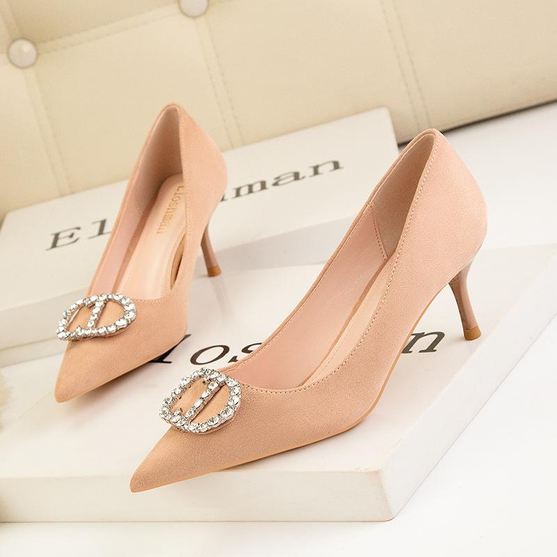 Mode High Heels Damenschuhe dünne Absätze hohe Absätze flacher Ausschnitt spitz Strass Metall Schnalle Bankettschuhe