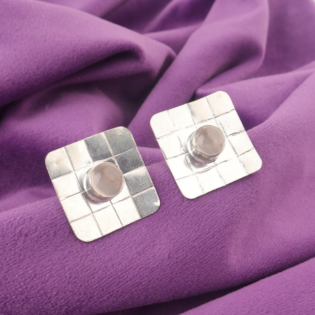 Heart Chakra Round Natural Rose Quartz Sterling Silver Stud Post Unique Earrings EE-146-32