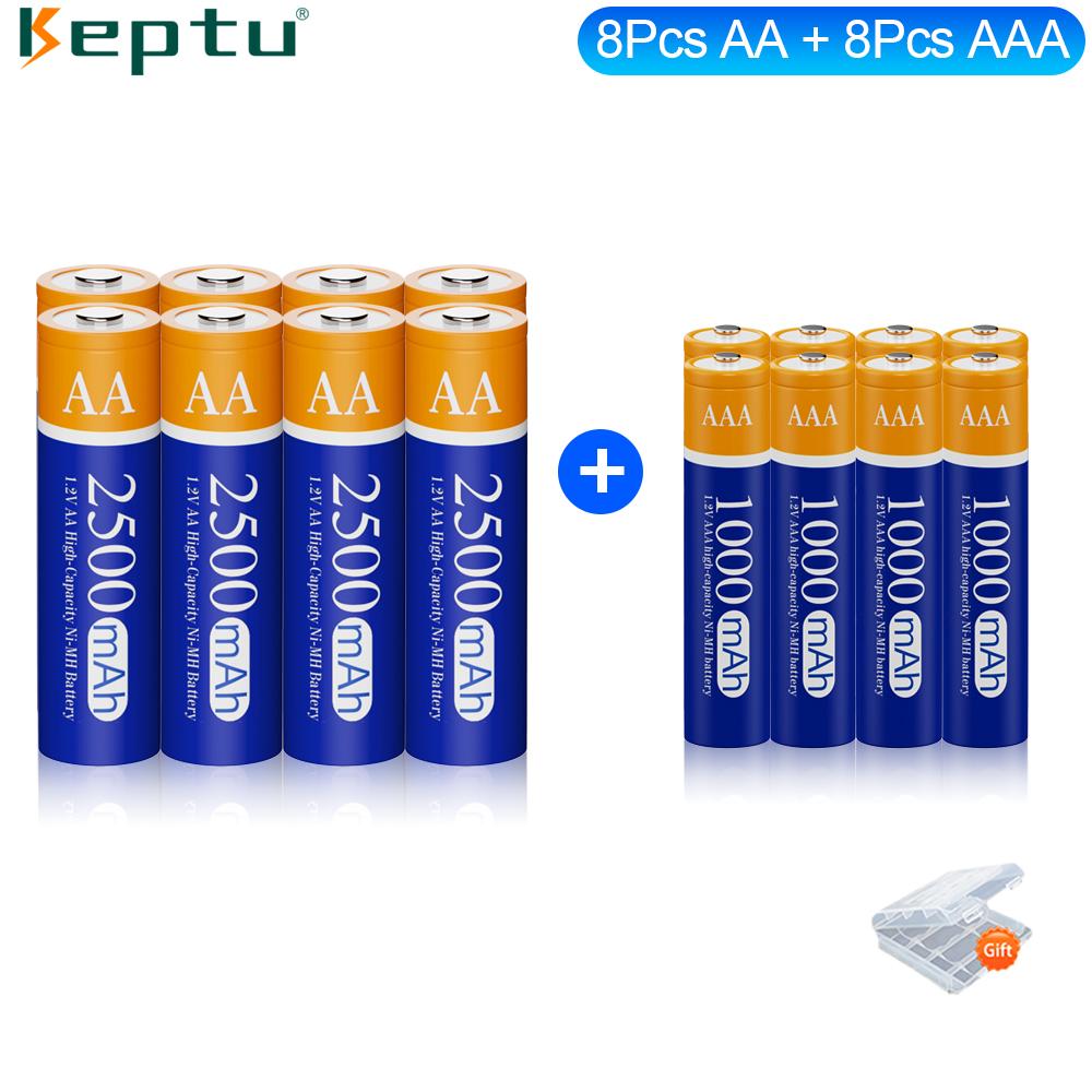 KEPTU Long-life 2500mAh 1.2V AA Rechargeable Batteries 1000mAh 1.2V AAA Battery Rechargeable Battery for Camera Toy Flashlight