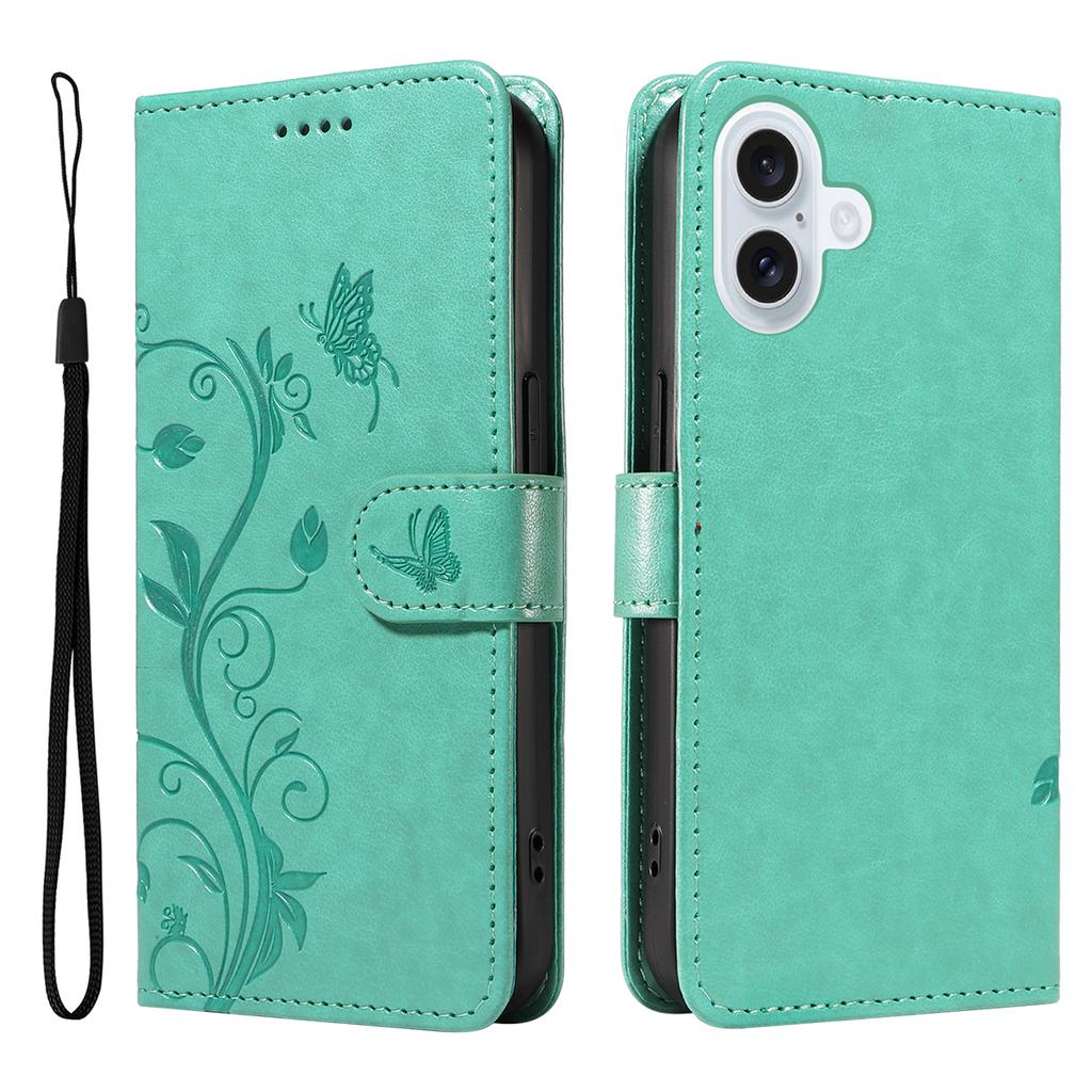 For iPhone 17 PU Leather Cases Flower Pattern Wallet Stand Phone Cover with Strap