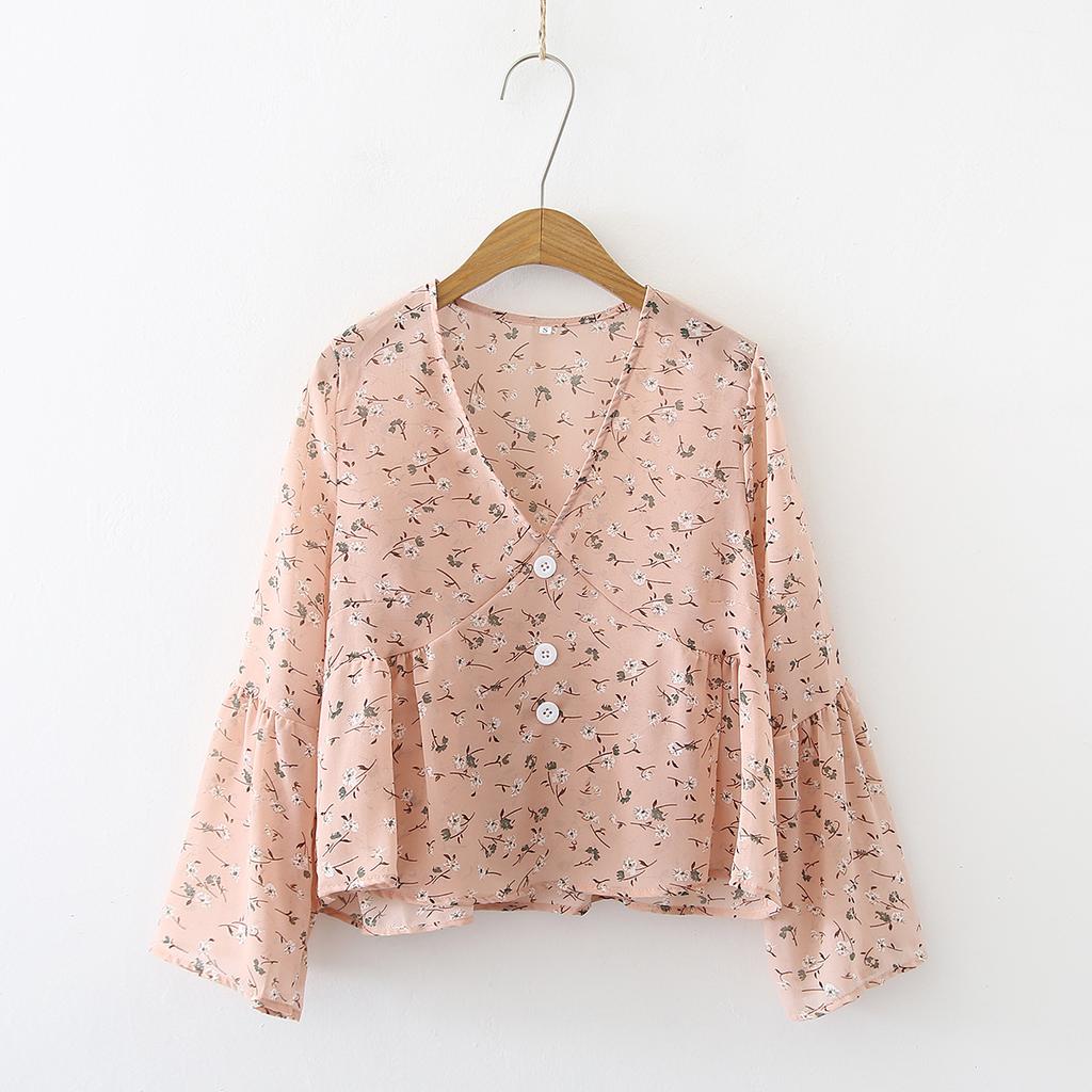 Button Up Skirt Doll Top Retro Floral V-neck Flared Sleeve Chiffon Shirt for Women