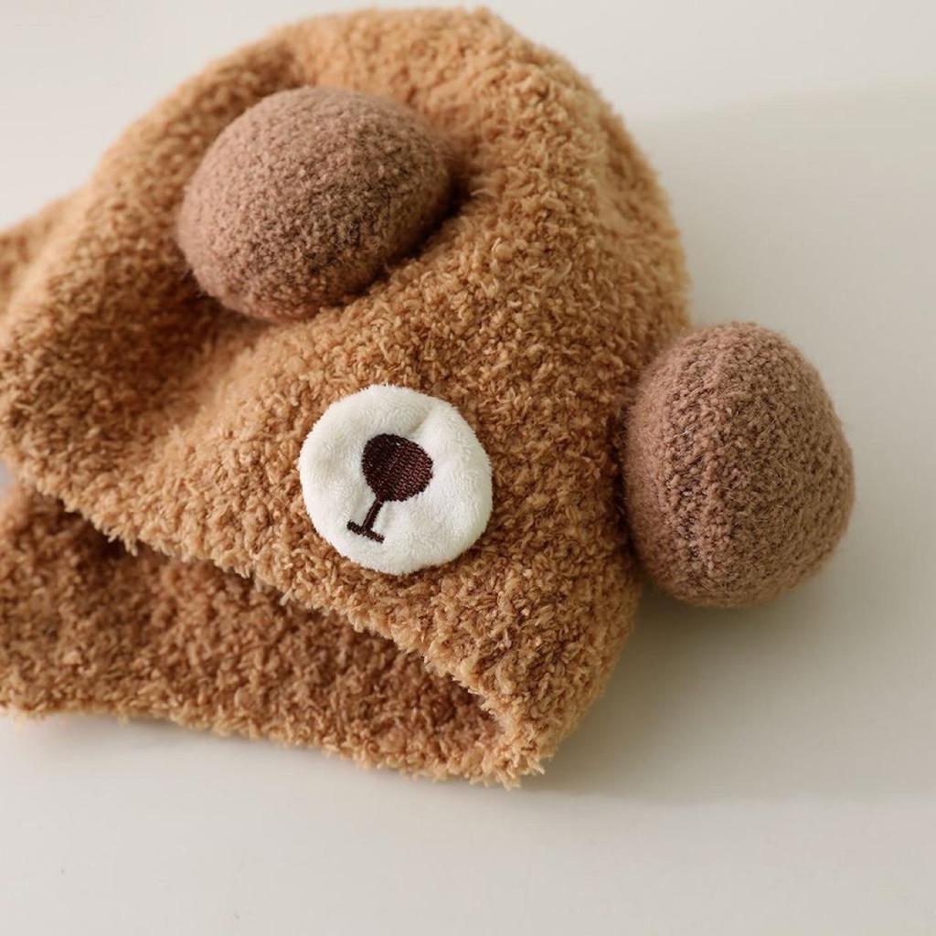 Cute Bear Baby Beanie Cap Autumn Winter Warm Infant Boys Girls Ear Protection Cap Cartoon Solid Color Toddler Hat Bonnet