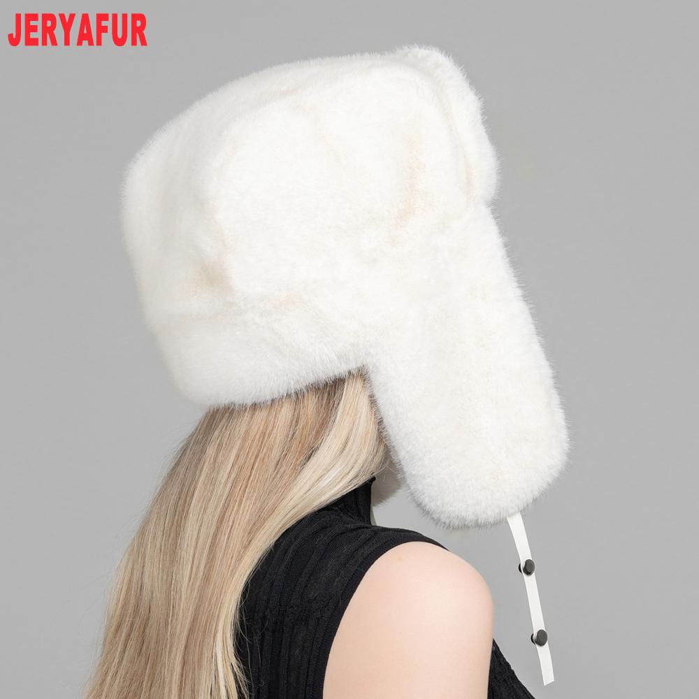 JERYAFUR Women Ushanka Trapper Winter Hat, Full Faux Fur Grey Ear Flap Warm Ladies Cap for Cold Snowy Weather