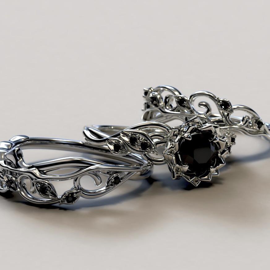 Set di Gioielli da Donna Trendy in Tre Pezzi: Anello Ondulato Floreale con Accento di Diamante Nero