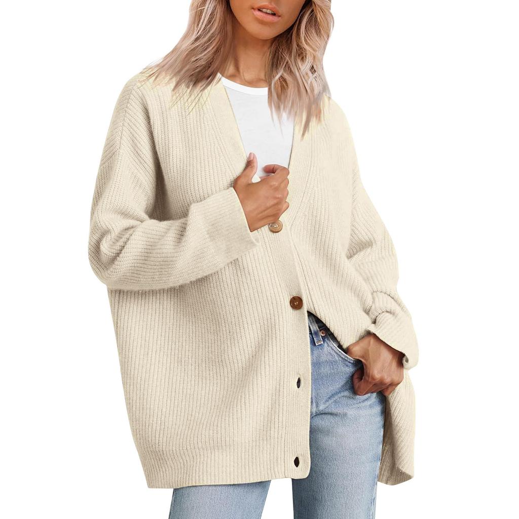 Damen Strickjacke vorne übergroße Knöpfe leichter Pullover V-Ausschnitt lange Ärmel lockere Strickjacke Strickware