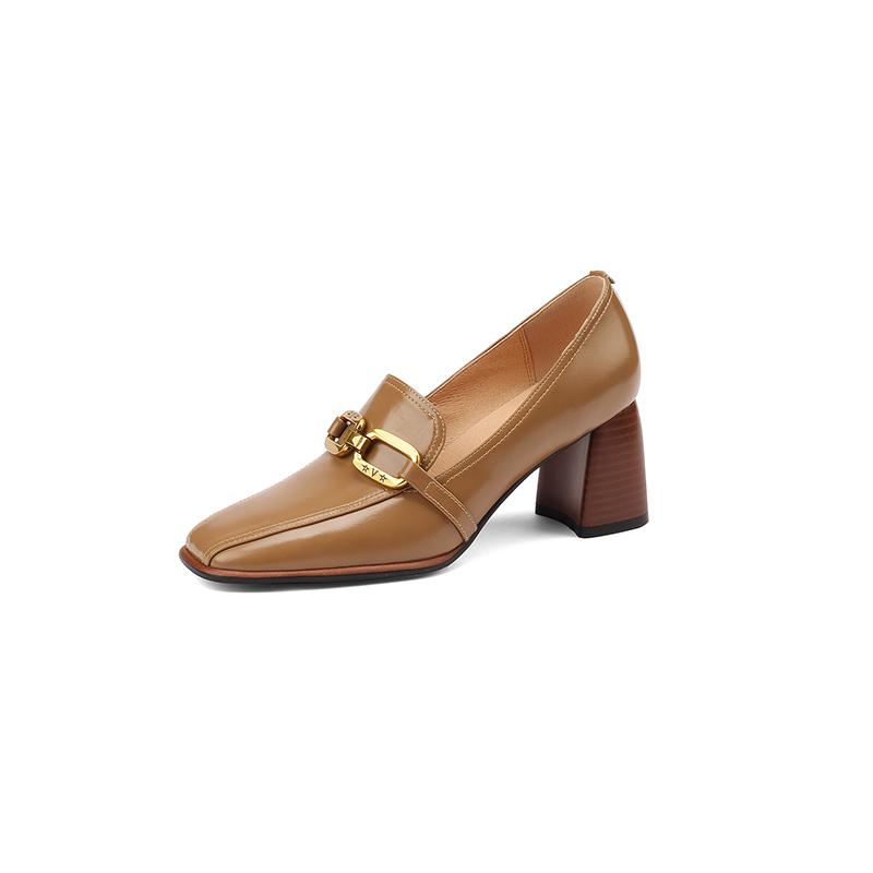 Fashion New Spring Woman Shoes Leather Shoes Women Slip-On Loafers Women Pumps Metal Chain Square Toe High Heels Shoes Zapatos De Mujer