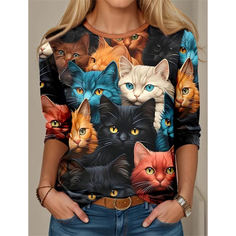 

Spring and Autumn Round Neck Kawaii Cat Graphics 3D Printed Top Fashionable Casual Long Sleeved Women s T-shirts 4XL