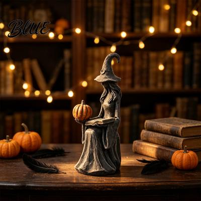 Collectible Witch Figures Halloween Statue Gothic Figurine with Pumpkin And Book Matte Black Desktop Shelf Ornament Sculpture Mantel Desk